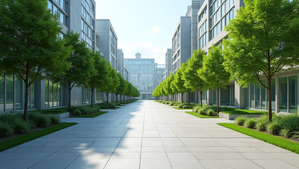 Pavement surrounds green buildings