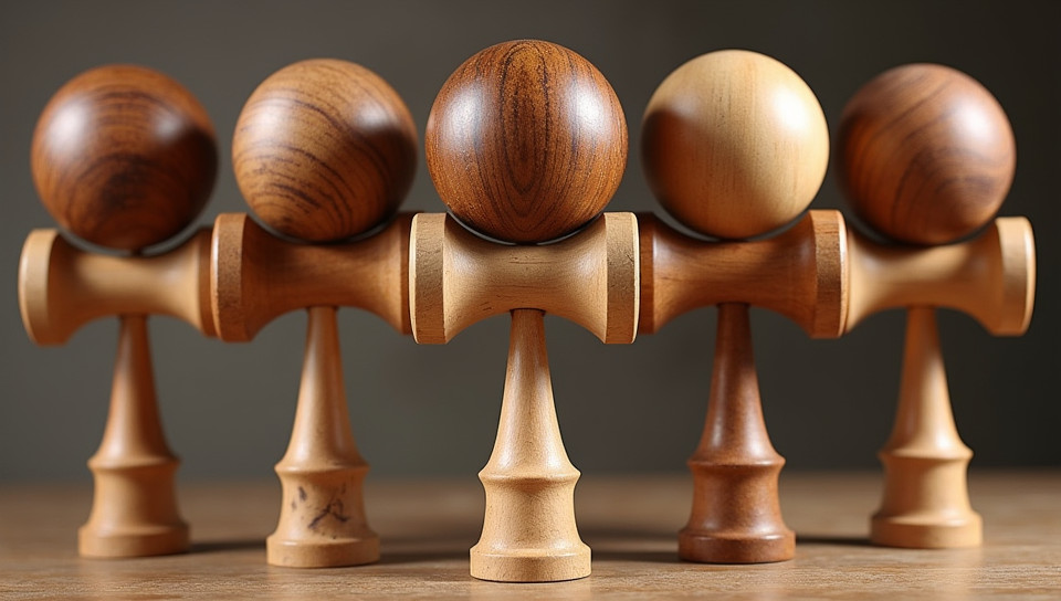 Various woods are used for kendama handles and cups