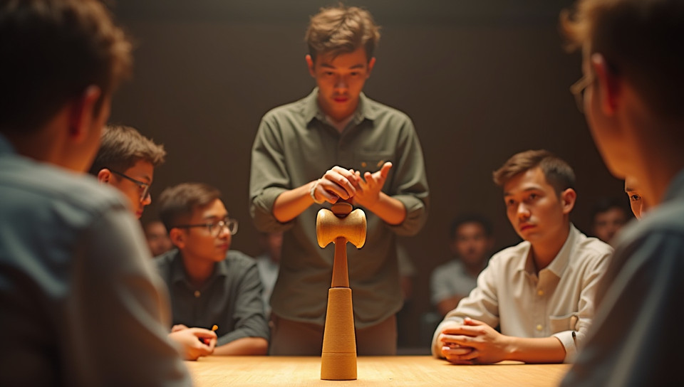 Judges evaluate players' kendama skills