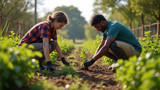 Volunteers work together to plant a community garden